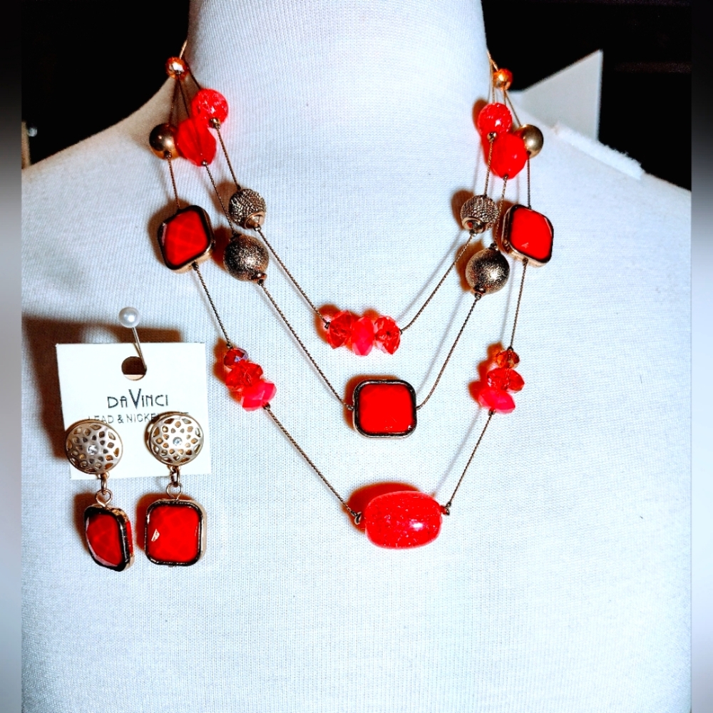 DaVinci Red Orange and Gold Layered Necklace And Earring Set